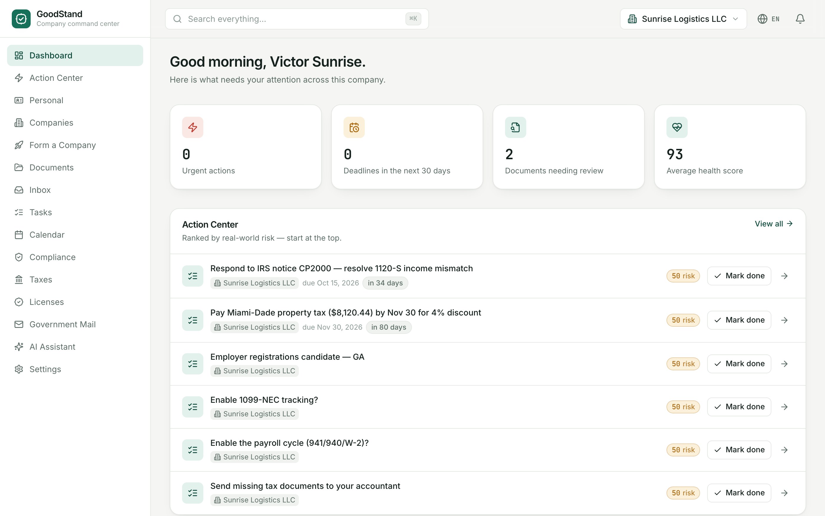 GoodStand dashboard: risk-ranked Action Center and company health score