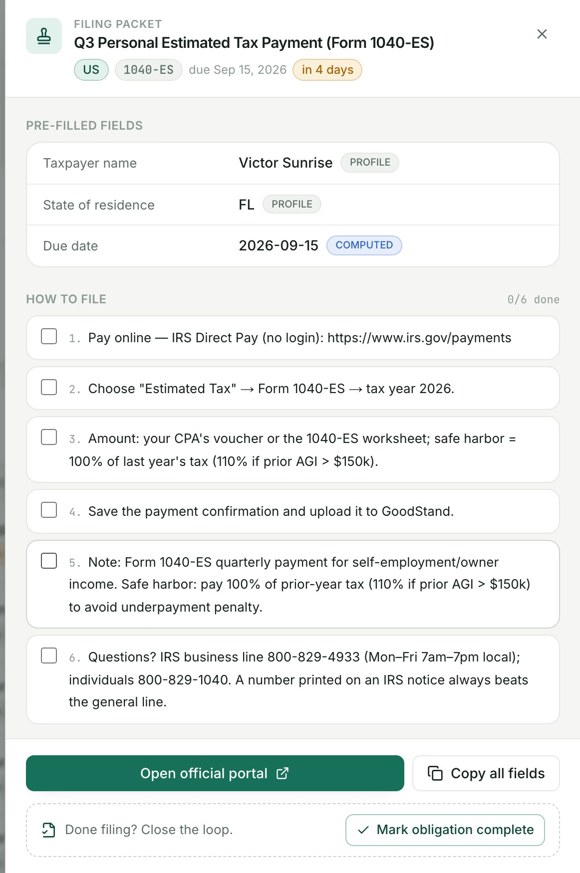 Filing packet: pre-filled fields, official portal link, step-by-step instructions
